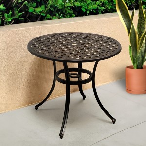 Kinger Home 34-inch Patio Outdoor Dining Table with Umbrella Hole, Cast Aluminum Patio Dining Furniture Table, Brown - 1 of 4