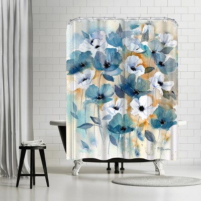 Americanflat Blue Beige Anemones by Rachel Mcnaughton 71" x 74" Shower Curtain