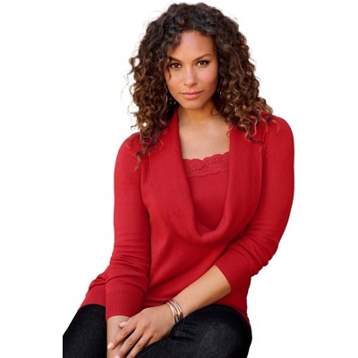 Roaman's Women's Plus Size Lace Trim Cowl Neck Sweater