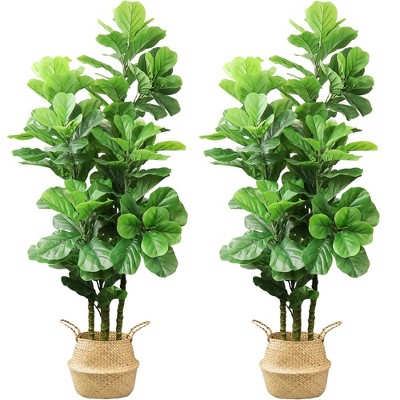 6ft Artificial Fiddle Leaf Fig Tree with Woven Seagrass Plant Basket & Fake Tree, Large Artificial Tree Indoor for Living Room Office Floor (2Pcs)