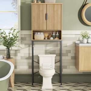 Over The Toilet Storage Cabinet with Adjustable Shelf, Tall Wood Rack Bathroom Organizer, Natural Oak - 1 of 4