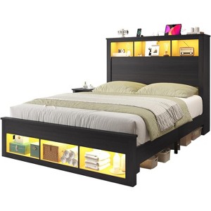 AMERLIFE Bed Frame with Drawers, LED, Bookcase Headboard, Charging, Shelves - 1 of 4