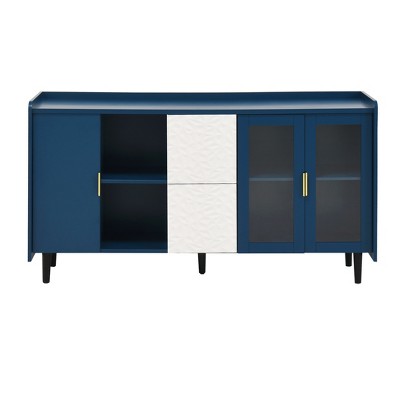 Lirago,59"D * 15.74"W * 31.5"H, Blue Modern Storage Cabinet with 2 Glass Doors & 2 Drawers, Kitchen Pantry & Buffet Table for Living Room