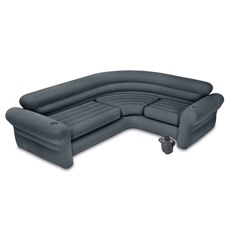 Intex Inflatable Furniture L-Shaped Sectional Corner Couch Indoor Relaxing Sleeper Sofa with Built-In Cupholders and 120V Electric Air Pump, Gray, 1 of 7
