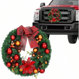 15.7in Large Car Wreath Decor for Xmas Front Grille Winter Holiday Artificial Bows Red Flower Ornament Accessories for Truck SUVs - 1 of 4