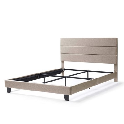 Beige Linen Upholstered King Platform Bed with Tufted Headboard