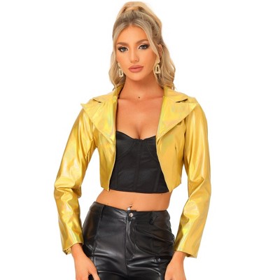 INSPIRE CHIC Women's Long Sleeve Lapel Crop Shiny Party Metallic Jacket