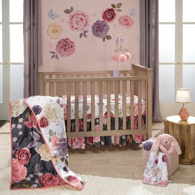Luxury Pink and Gray Cotton Floral Reversible Crib Bedding Set