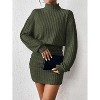 Long Lantern Sleeve Ribbed Knit Sweater Dress, Turtle Neck Bodycon Mini Pullover Dress for Women, Fall and Winter Fashion Green - 2 of 4