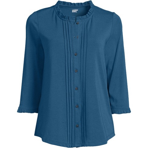 Lands\' End Women\'s 3/4 Sleeve Light Weight Jersey Ruffle Neck Pintuck Top -  Small - Evening Blue : Target