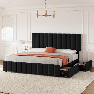 Queen Linen Upholstered Platform Bed Frame with 4 Storage Drawers, Adjustable Headboard
