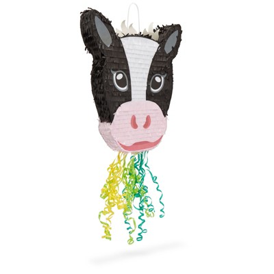 Blue Panda Cow Pull String Pinata for Farm Birthday Party Decorations (16.5 x 13 x 3 In)