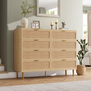 Rattan 8-Drawer Dresser w/ Deep Drawers & Wide Top - Tall Wood Chest Storage for Bedroom, Living Room, Hallway, Kids Room - 1 of 4