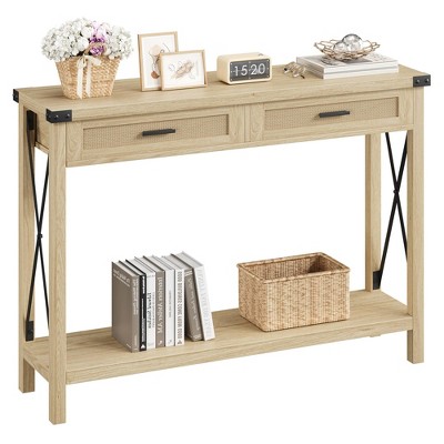 Farmhouse Entryway Table, Grey Console Table with Rattan Drawers