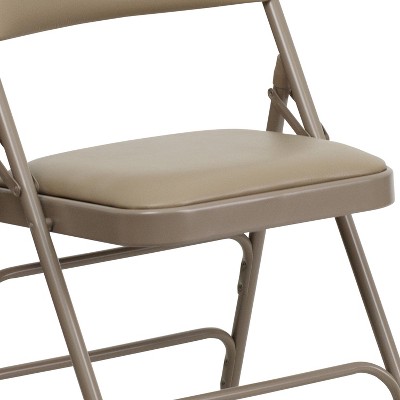 Beige Vinyl Metal Folding Chair with Padded Seat and Triple Braced Frame