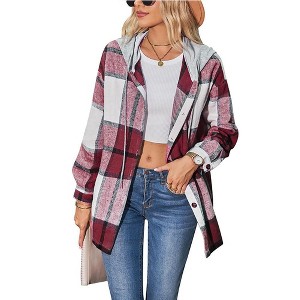 Coolmee Women's Lightweight Casual Jackets Plaid Long Sleeve Shacket Fleece Lined Hooded Jackets Button Down Warm Coats with Pockets XL Red - 1 of 4