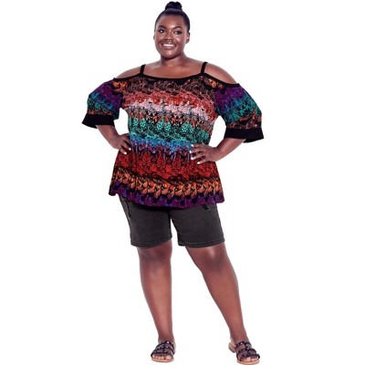 Avenue Women's Plus Size Daisy Cold Shoulder Print Top