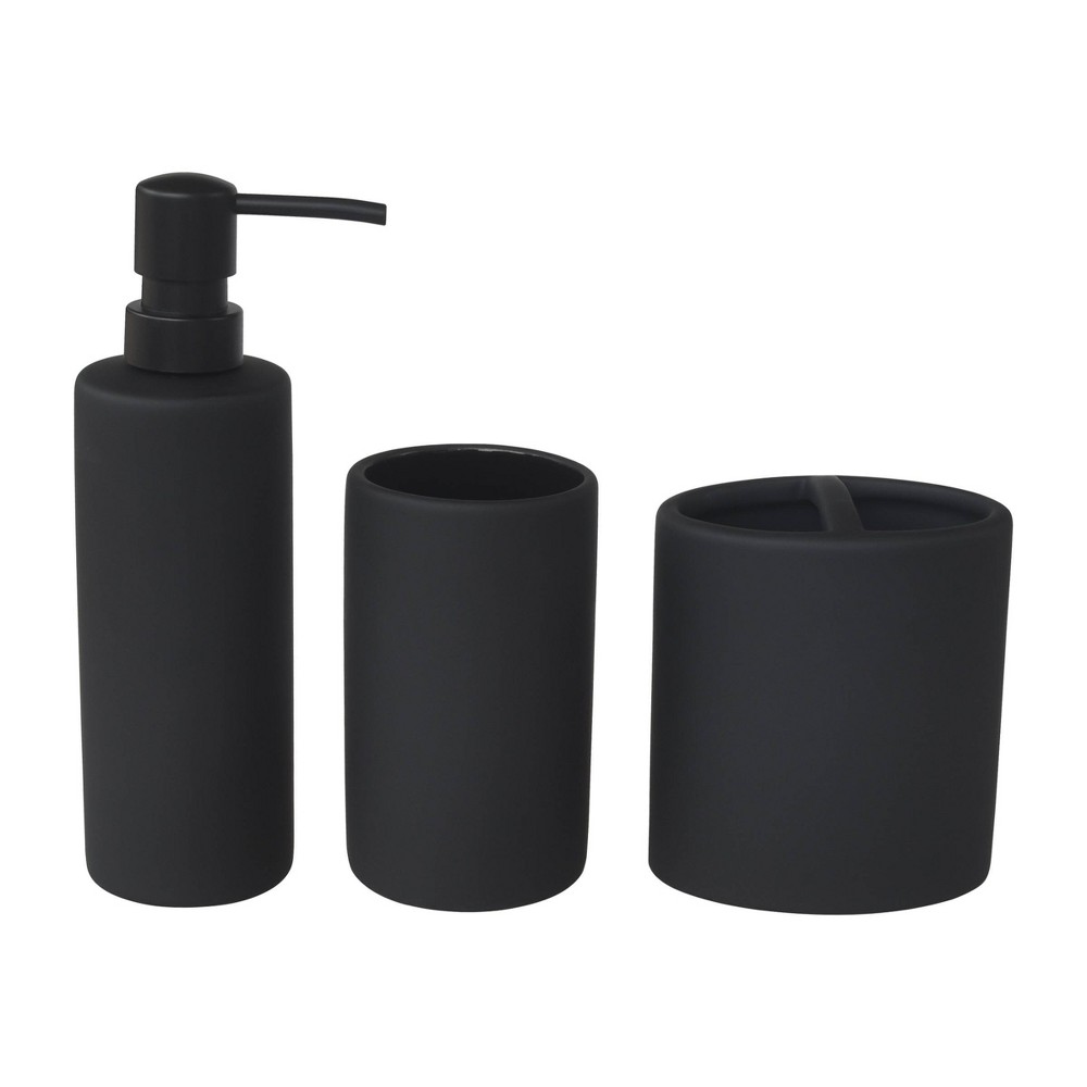 Photos - Other Bathroom Accessories 3pc Soft Touch Bath Accessories Set Black - 88 Main: Ceramic Tumbler, Spot