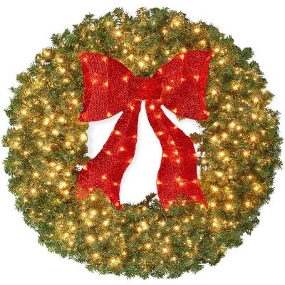 Artificial Christmas Wreath with Bow – Pre-Lit Winter Wreath with LED Lights, Indoor & Outdoor Holiday Xmas Decoration
