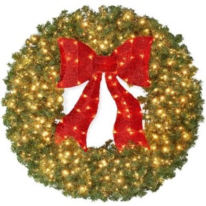 Artificial Christmas Wreath with Bow – Pre-Lit Winter Wreath with LED Lights, Indoor & Outdoor Holiday Xmas Decoration - 1 of 1