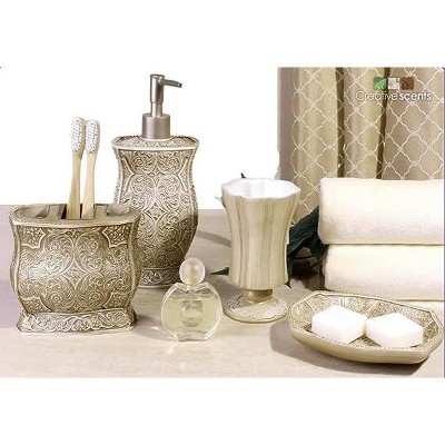 Beige Scroll Pattern Resin Bathroom Accessories Set