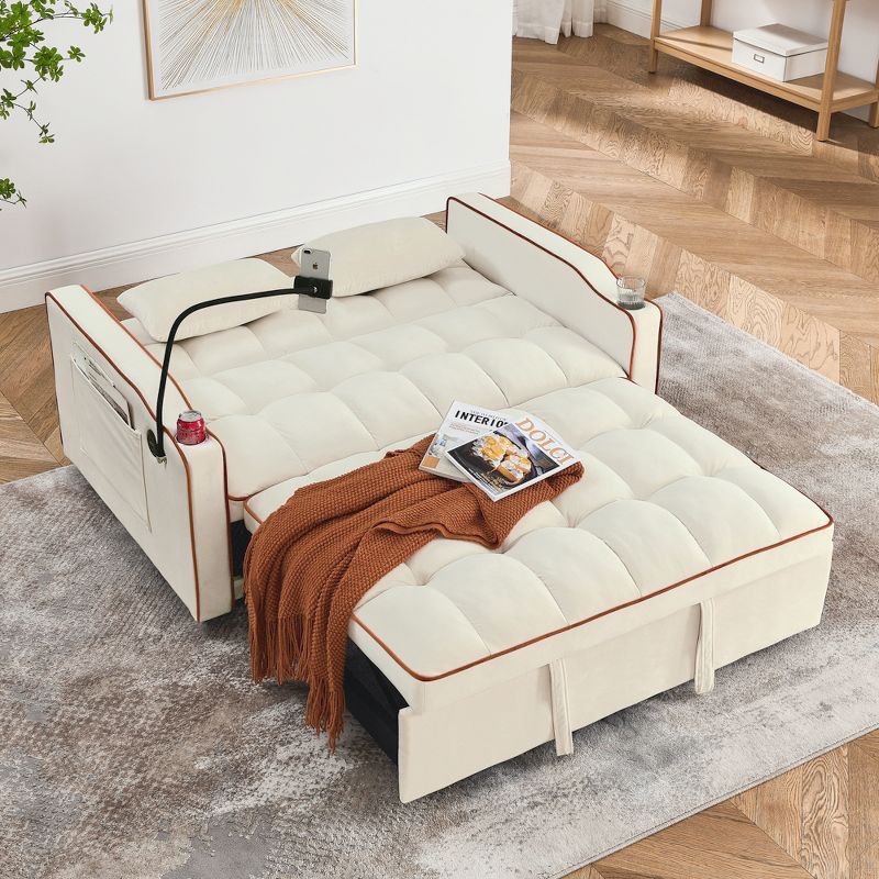 55.51" Pull Out Sleeper Sofa with Adjustable Back, 2-Seat Convertible Sofa Bed with USB Ports, Ashtray and Swivel Phone Stand 4M - ModernLuxe, 5 of 10