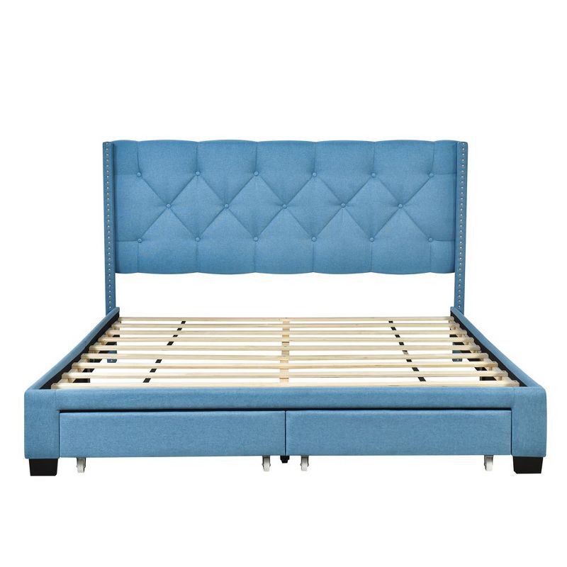 Queen Size Platform Bed With 2 Drawers Linen Upholstered Bed Frame With Storage For Bedroom No Box Spring Needed, 4 of 6