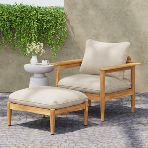 Outdoor Patio Garden Lounge Chair Set with Cushions,Acacia Wood Club Arm Chair Set,Comfy Wooden Outdoor Lounge Chair Set with Ottoman-Coolbibila - 1 of 4