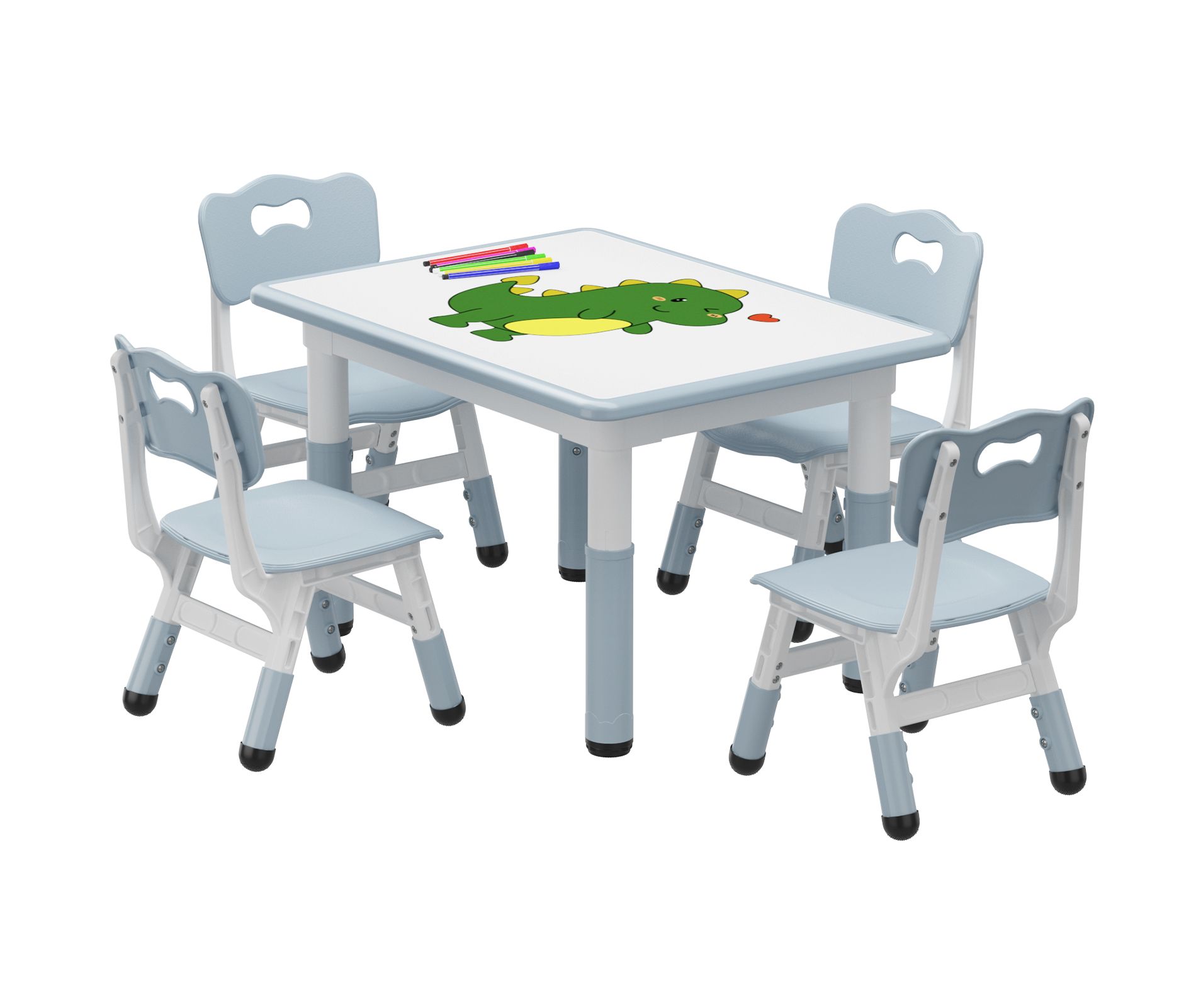 Kids Table and 4 Chairs Set, Height Adjustable Toddler Table with Graffiti Desktop, Non-Slip Legs, Safe Child Table for Home or Classroom