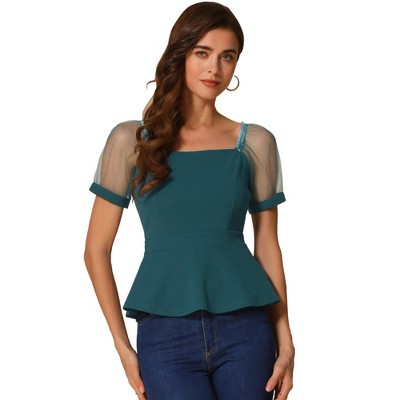INSPIRE CHIC Women's Square Neck Mesh Sheer Short Sleeve Peplum Tops