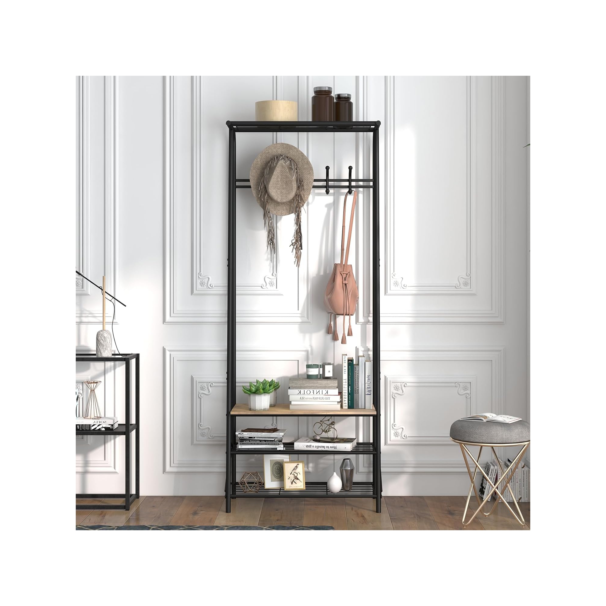 4-in-1 Coat Rack Shoe Bench - 5 Hooks & 4-Tier Storage Shelf, Metal Frame Wood Look Entryway , Multifunctional Organizer brown-single row