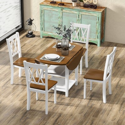 Walnut and White 5-Piece Round Dining Set with Drop Leaf Table