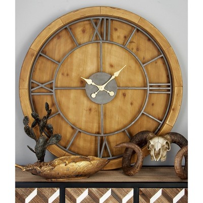 Oversized Brown Mediterranean Wood Wall Clock with Gold Hands