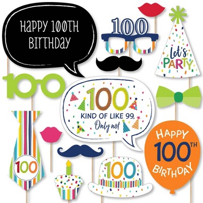 Big Dot of Happiness 100th Birthday - Cheerful Happy Birthday - Colorful One Hundredth Birthday Party Photo Booth Props Kit - 20 Count