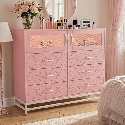 Jojoka 6-Drawer & 2-Door Storage Cabinet Dresser with Built-In Charging Station and RGB LED Lighting – Tall White Chest, Pink