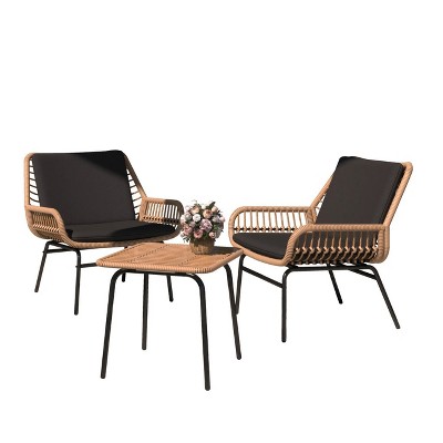 MOEPISY 3 Piece Rattan Patio Bistro Set with Glass Table, 2 Wicker Patio Chairs