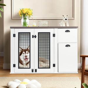 43'' Dog Crate Furniture,White-Brown Wooden Dog Crate with Storage Drawers and Compartments - 1 of 4