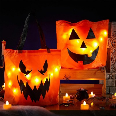 Joyfy 2 pcs Halloween Orange Pumpkin Candy Buckets, LED Light Reusable Goody Trick or Treat Bags for Kids, Portable Baskets Halloween Party Supplies