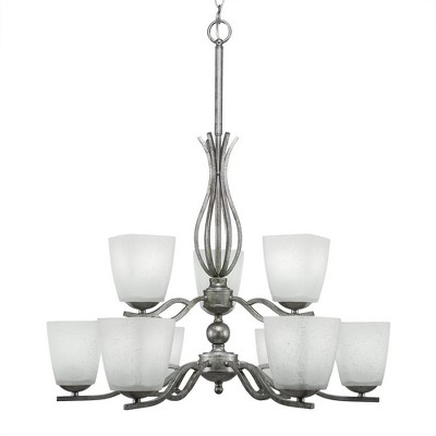 Toltec Lighting Revo 9 - Light Chandelier in  Aged Silver with 4.5" Square White Muslin Shade
