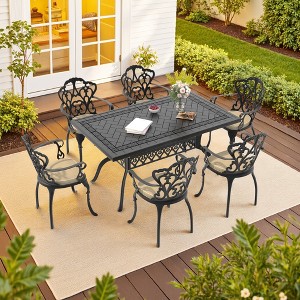 (7-PC)Premium Black Cast Aluminum Patio Set - Weather-Resistant Outdoor Table & Chairs with Beige Cushions - 1 of 4