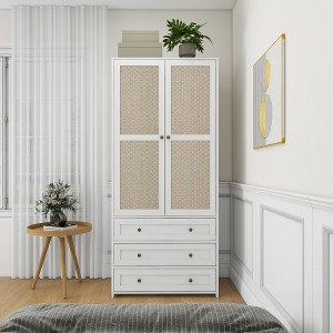 2-Door Wardrobe with 3 Drawers High Wardrobe Armoire With 2 Rattan Door For Living Room, Bedroom Organizer - 1 of 4