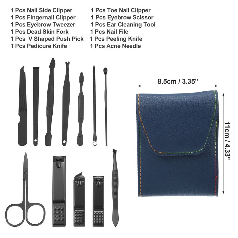 Unique Bargains Stainless Steel Pedicure Nail Clippers Scissors Tool Set for Men Women Black with Blue PU Leather 12 Pcs, 2 of 4