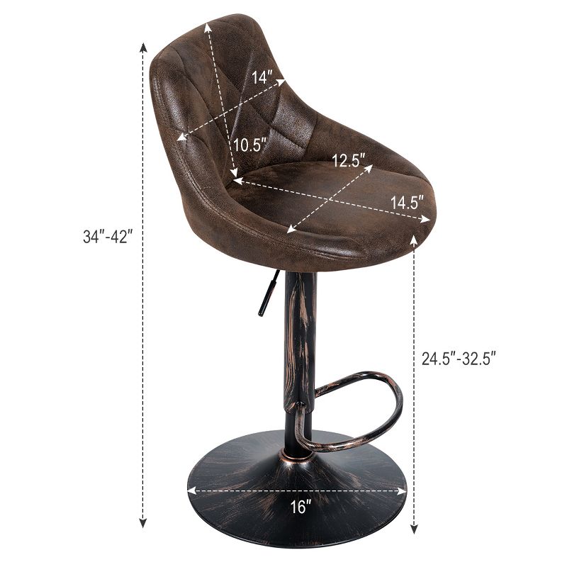Costway Set of 2 Adjustable Bar Stools Swivel Bar Chairs Hot-stamping Cloth Retro Brown Low Back, 2 of 11