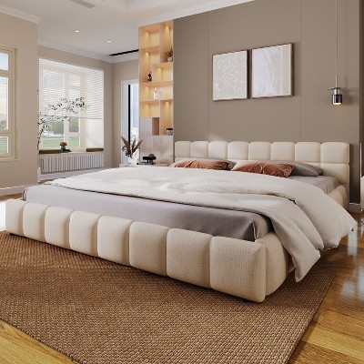 Kumasinova Elegant Chenille Upholstered Bed Frame with Checkerboard Design,Queen/King Size Platform Bed,No Box Spring Required,Beige
