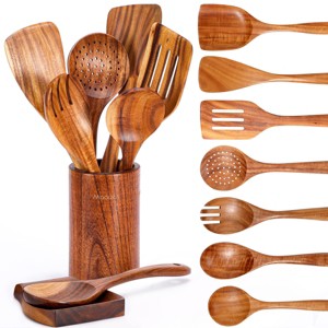 Itopfox 9-Piece Teak Wooden Kitchen Utensil Set with Spoon Rest, Comfort Grip Cooking Spoons & Utensil Holder for Easy Storage - 1 of 4
