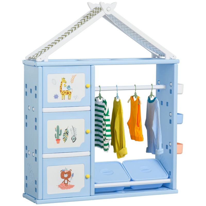 Qaba Kids Toy Storage Organizer with 2 Bins, Coat Hanger, Bookshelf and Toy Collection Shelves, 1 of 10