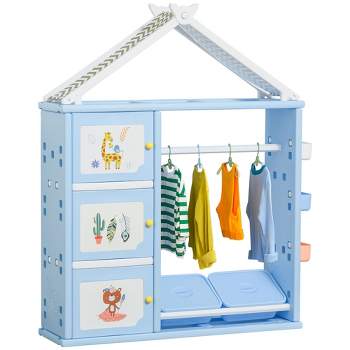 Qaba Kids Toy Storage Organizer with 2 Bins, Coat Hanger, Bookshelf and Toy Collection Shelves