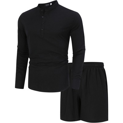 Men's 2 Piece sets beach outfits Summer casual Linen Sets Henley Shirts and Shorts