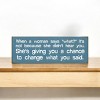 Slickblue When a Woman Says What Sign, 3.5x10 Funny Relationship Quote Plaque, Rustic Knotty Pine Wall or Shelf Decor - 2 of 3