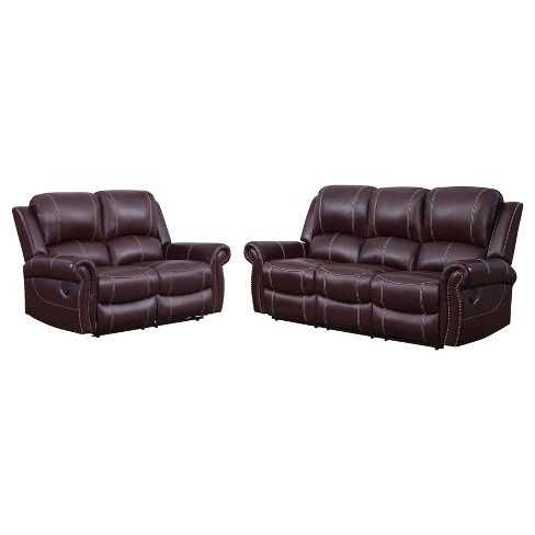 2pc Lorenzo Top Grain Leather Reclining Sofa Loveseat Set Burgundy Abbyson Living